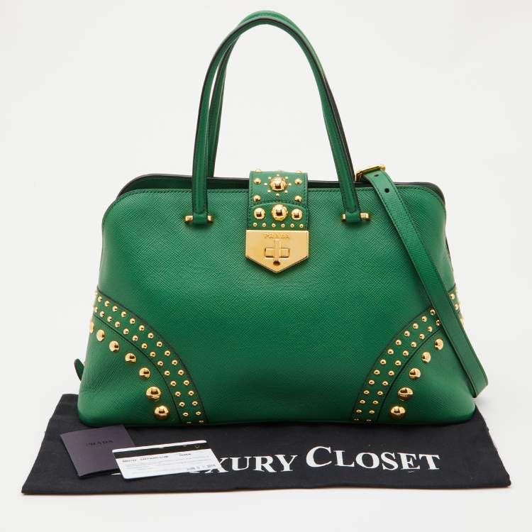 Pre Owned Prada Green Saffiano Leather Promenade Studded Satchel