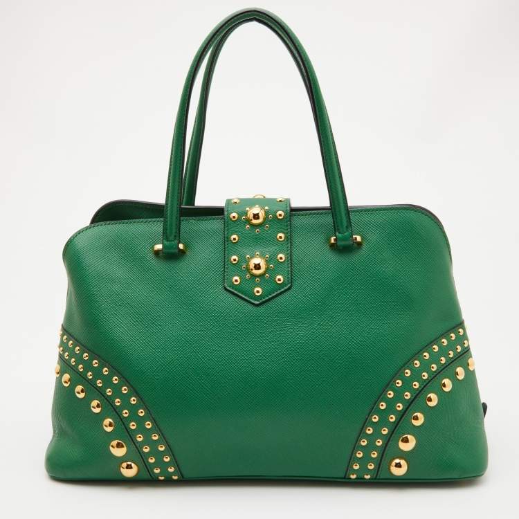 Pre Owned Prada Green Saffiano Leather Promenade Studded Satchel