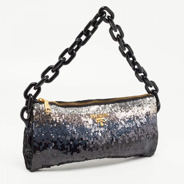 Pre Owned Prada Black Ombre Sequins Logo Chain Clutch