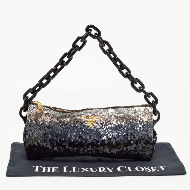 Pre Owned Prada Black Ombre Sequins Logo Chain Clutch