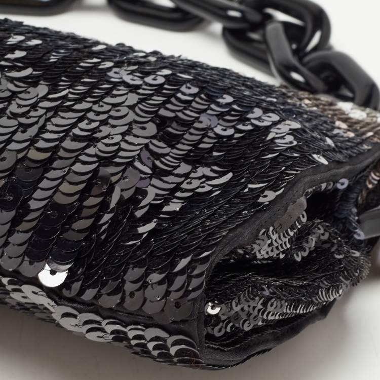 Pre Owned Prada Black Ombre Sequins Logo Chain Clutch