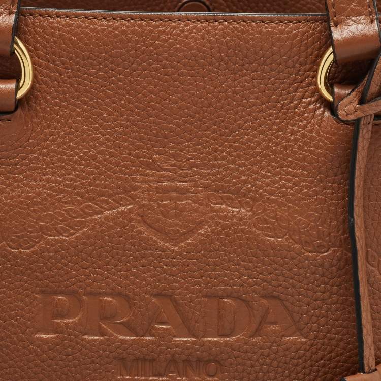 Pre Owned Prada Brown Vitello Danio Leather Logo Embossed Tote