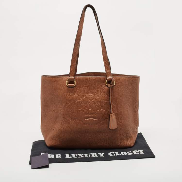 Pre Owned Prada Brown Vitello Danio Leather Logo Embossed Tote