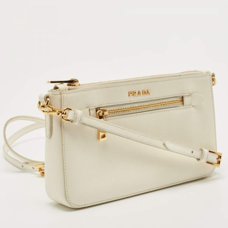 مملوكة مسبقًا Prada White Saffiano Lux Leather Front Pocket Crossbody Bag