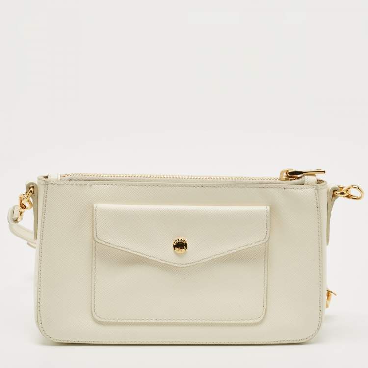 مملوكة مسبقًا Prada White Saffiano Lux Leather Front Pocket Crossbody Bag