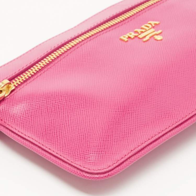 Pre Owned Prada Pink Saffiano Leather Top Zip Clutch Bag