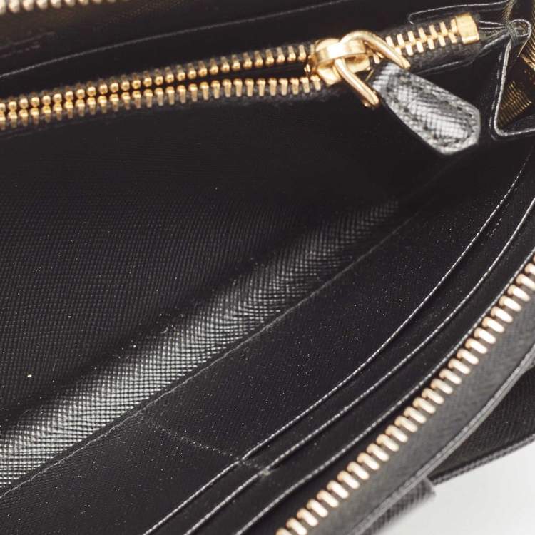 Pre Owned Prada Black Saffiano Metal Leather Bow Zip Around Wallet
