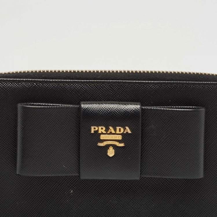 Pre Owned Prada Black Saffiano Metal Leather Bow Zip Around Wallet