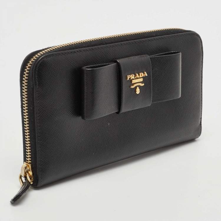 Pre Owned Prada Black Saffiano Metal Leather Bow Zip Around Wallet