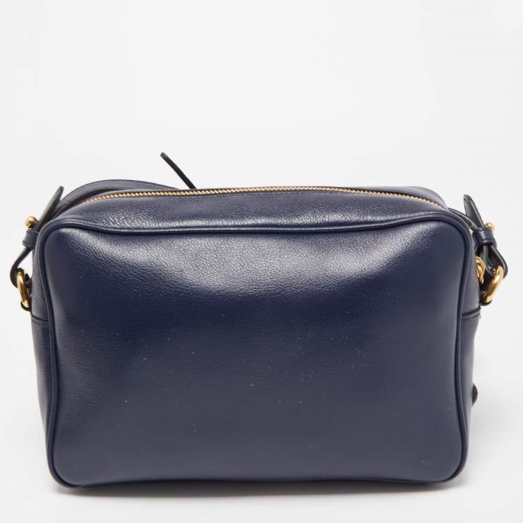 Pre Owned Prada Navy Blue Logo Embossed Leather Camera Crossbody Bag