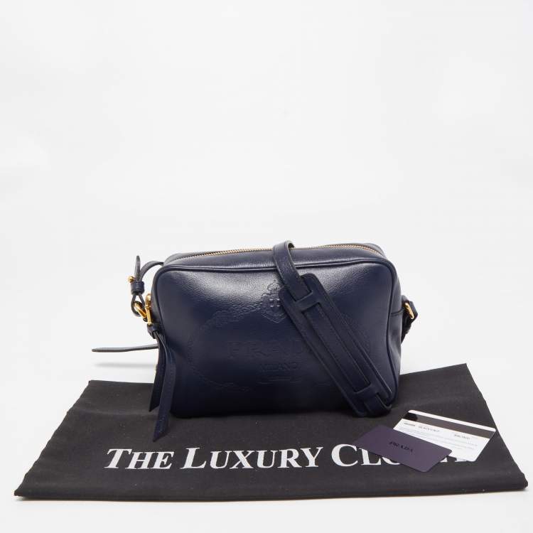 Pre Owned Prada Navy Blue Logo Embossed Leather Camera Crossbody Bag