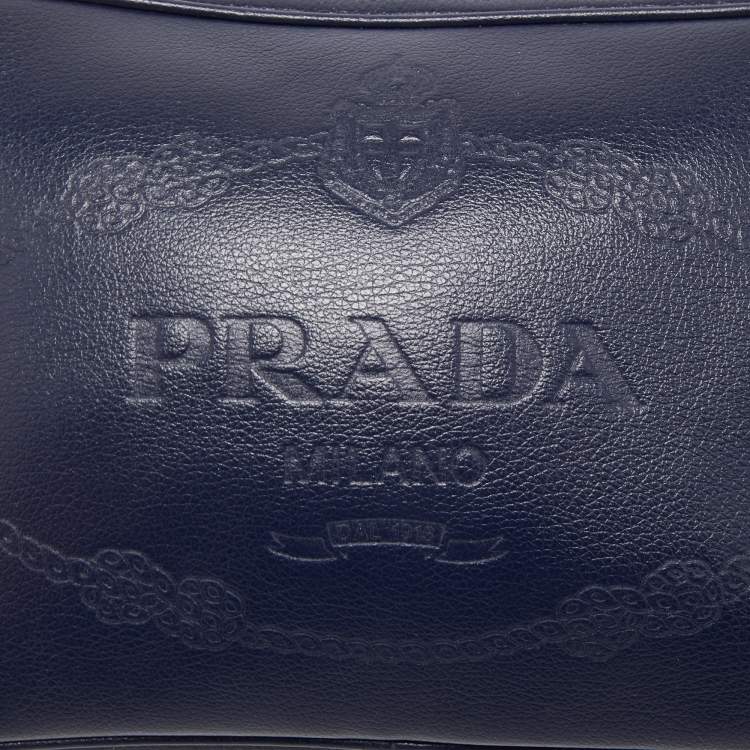 Pre Owned Prada Navy Blue Logo Embossed Leather Camera Crossbody Bag