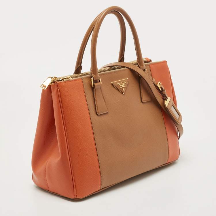 Pre Owned Prada Tan/Orange Saffiano Lux Leather Medium Double Zip Tote