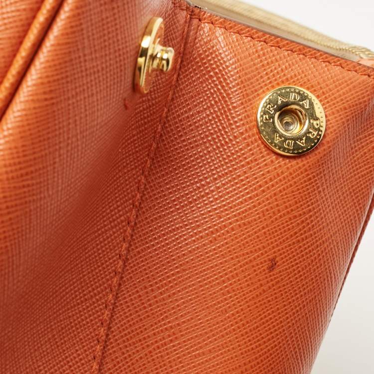 Pre Owned Prada Tan/Orange Saffiano Lux Leather Medium Double Zip Tote