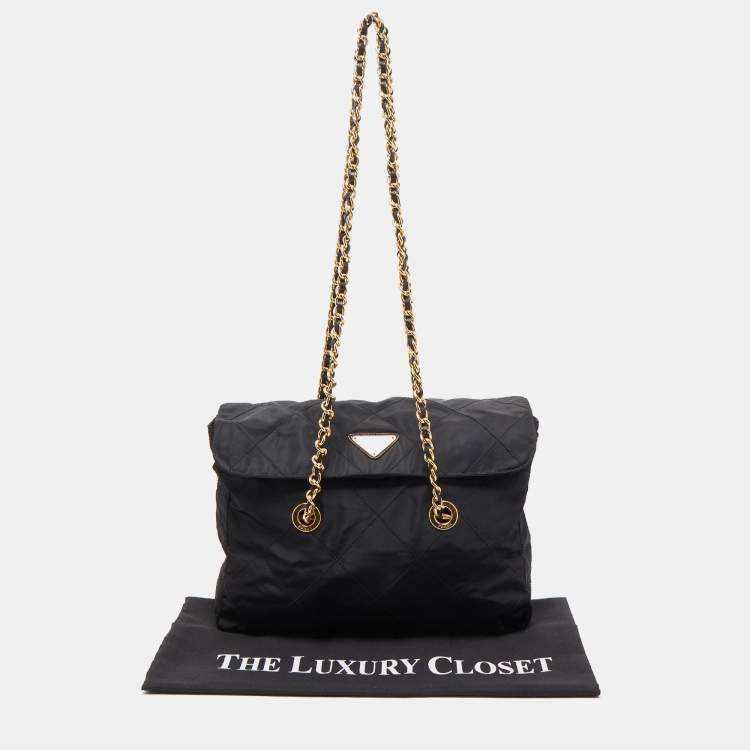 Pre Owned Prada Black Quilted Nylon and Leather Logo Flap Chain Bag