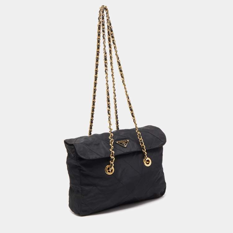 Pre Owned Prada Black Quilted Nylon and Leather Logo Flap Chain Bag