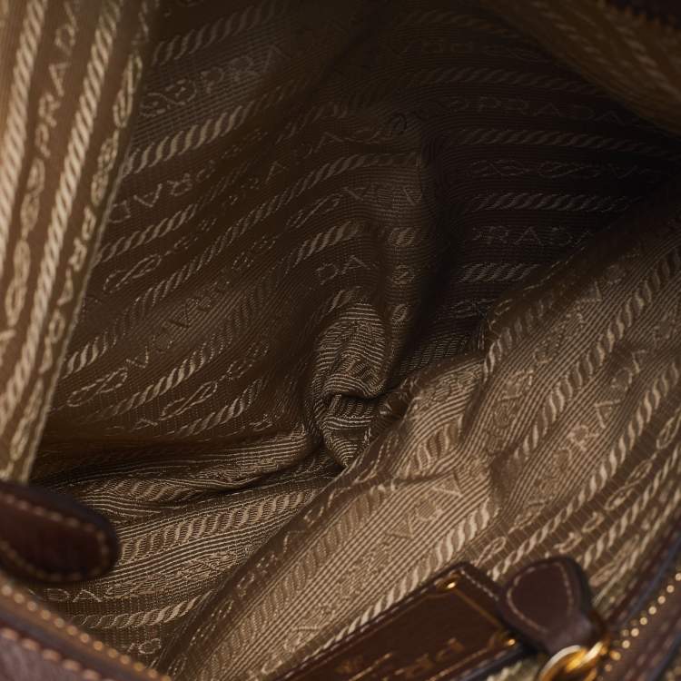 Pre Owned Prada Brown/Beige Logo Jacquard Canvas and Leather Messenger Bag
