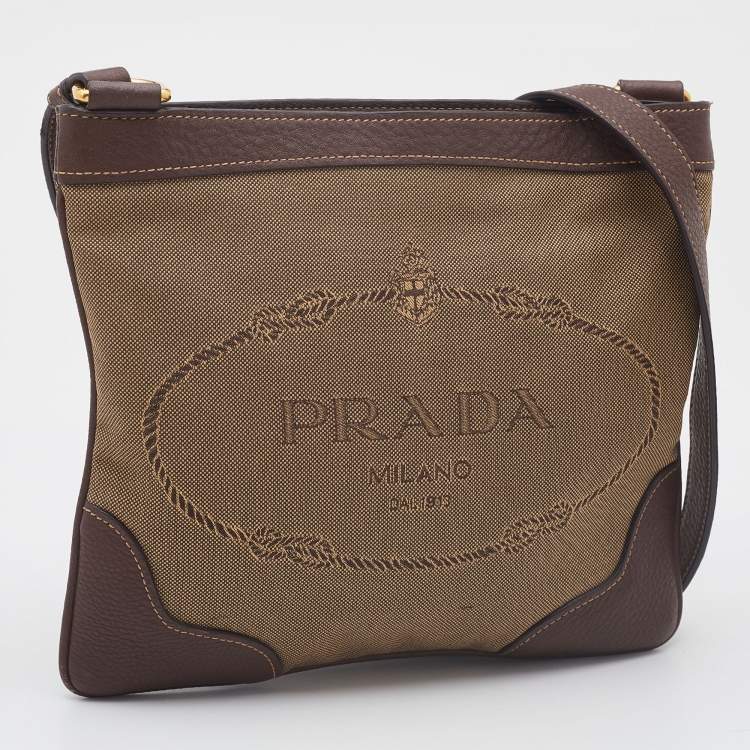 Pre Owned Prada Brown/Beige Logo Jacquard Canvas and Leather Messenger Bag