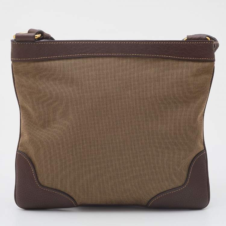 Pre Owned Prada Brown/Beige Logo Jacquard Canvas and Leather Messenger Bag
