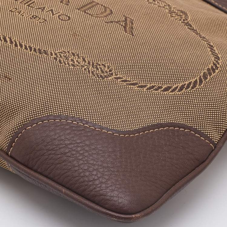 Pre Owned Prada Brown/Beige Logo Jacquard Canvas and Leather Messenger Bag