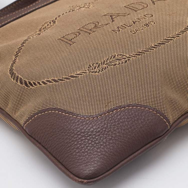 Pre Owned Prada Brown/Beige Logo Jacquard Canvas and Leather Messenger Bag