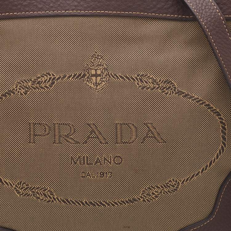 Pre Owned Prada Brown/Beige Logo Jacquard Canvas and Leather Messenger Bag