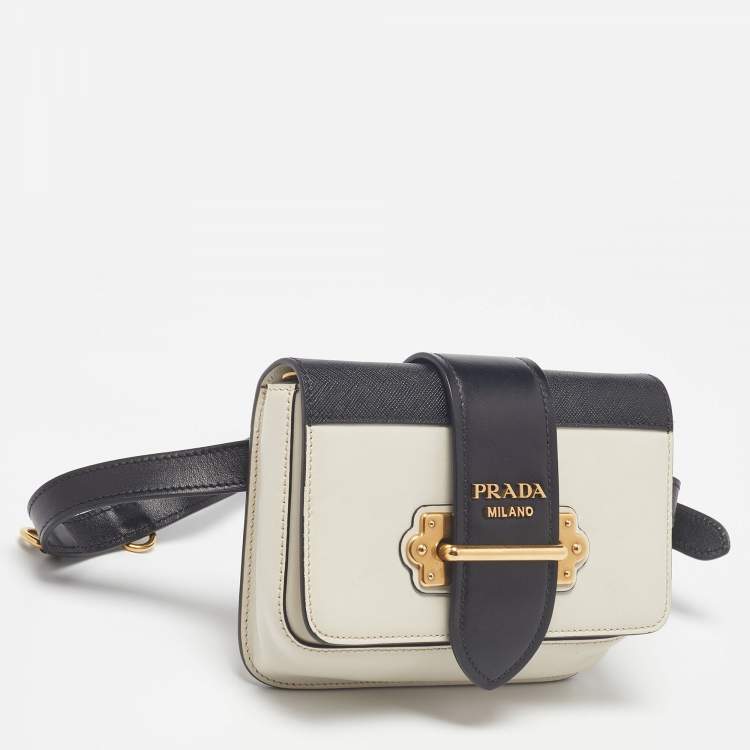 Pre Owned Prada Off White/Black Leather Cahier Belt Bag