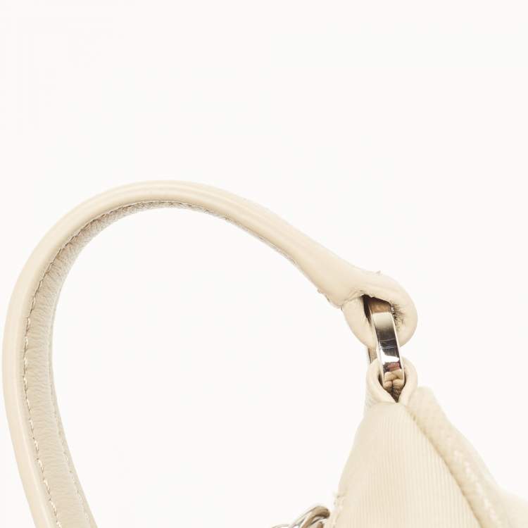 Pre Owned Prada Cream Nylon and Leather Re-Edition 2005 Baguette Bag