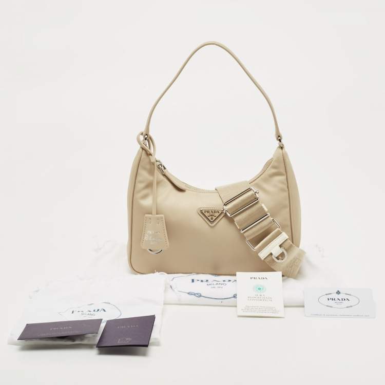 Pre Owned Prada Cream Nylon and Leather Re-Edition 2005 Baguette Bag