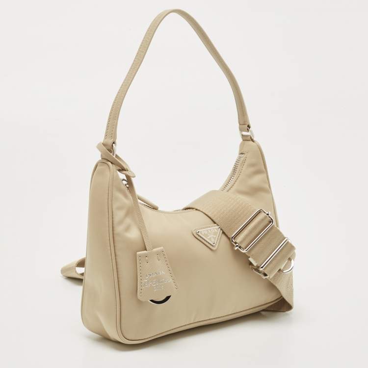 Pre Owned Prada Cream Nylon and Leather Re-Edition 2005 Baguette Bag