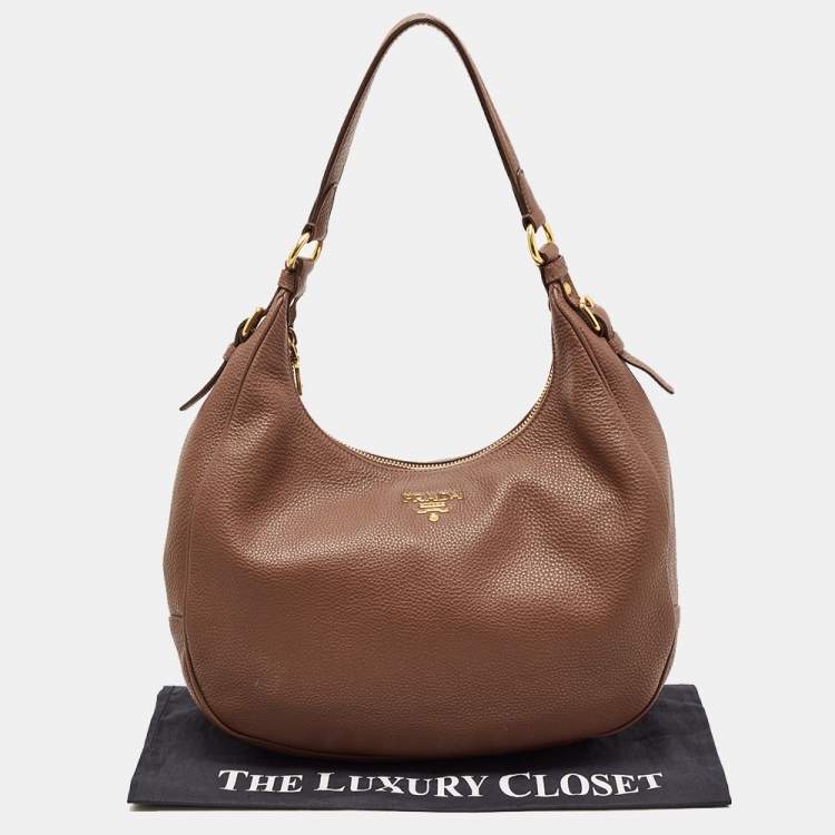 Pre Owned Prada Brown Vitello Danio Leather Zip Hobo