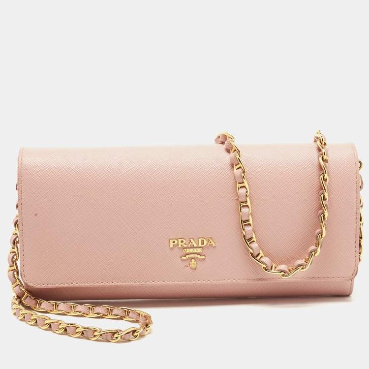 Prada Light Pink Saffiano Leather Wallet On Chain
