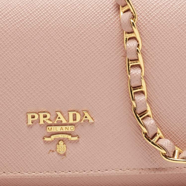 Pre Owned Prada Pink Saffiano Leather Wallet On Chain