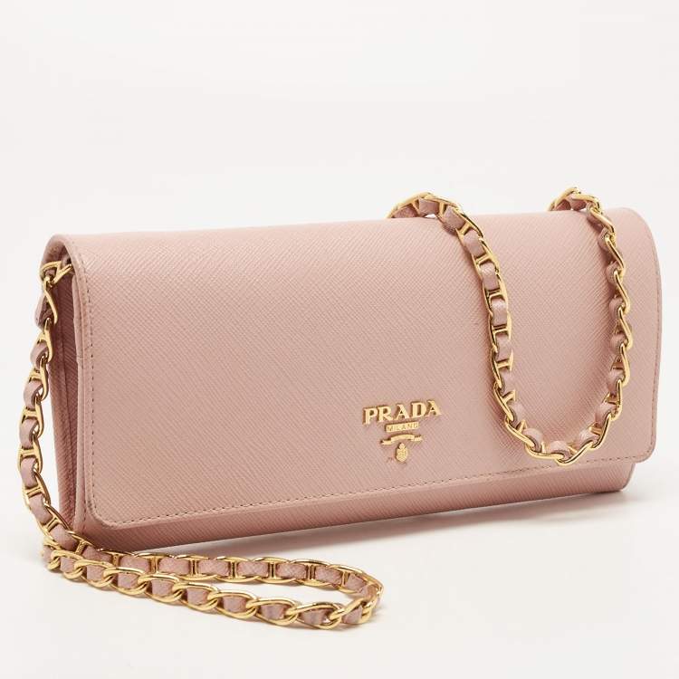 Pre Owned Prada Pink Saffiano Leather Wallet On Chain