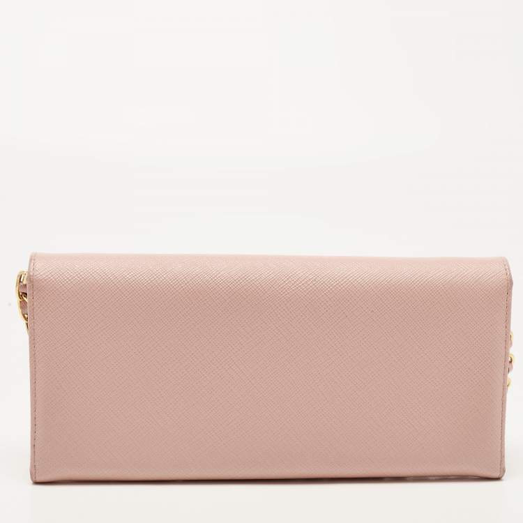 Pre Owned Prada Pink Saffiano Leather Wallet On Chain