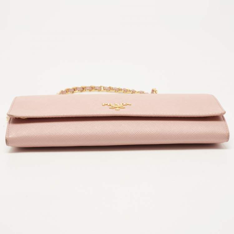 Pre Owned Prada Pink Saffiano Leather Wallet On Chain