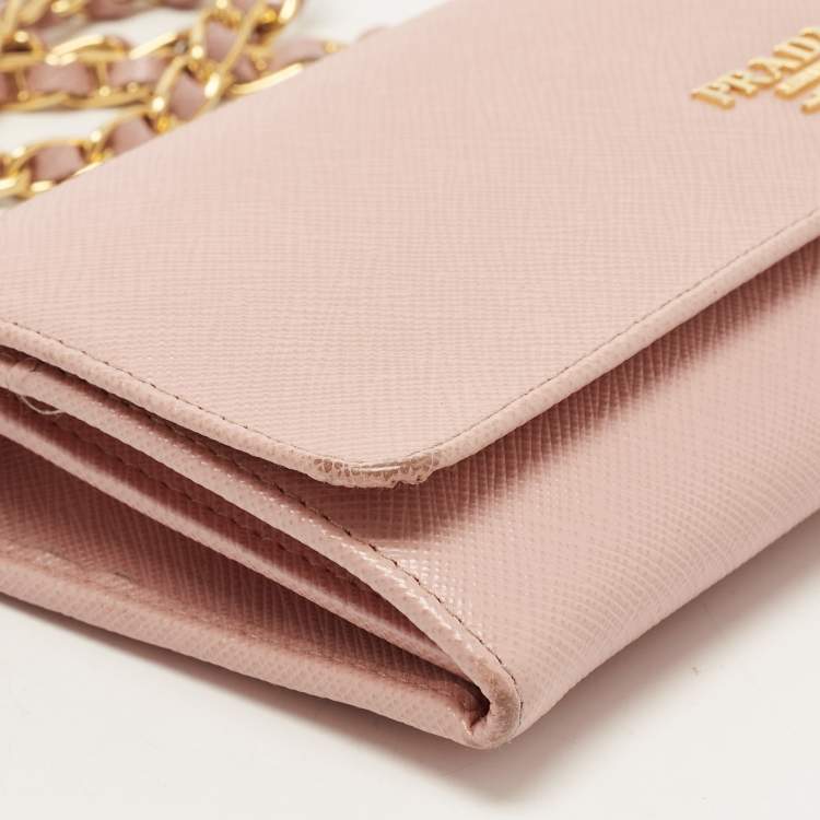 Pre Owned Prada Pink Saffiano Leather Wallet On Chain