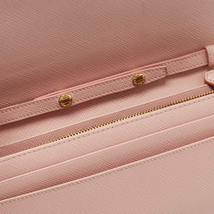Pre Owned Prada Pink Saffiano Leather Wallet On Chain
