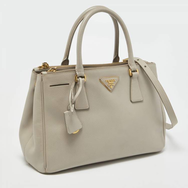Pre Owned Prada Light Grey Saffiano Lux Leather Small Galleria Double Zip Tote