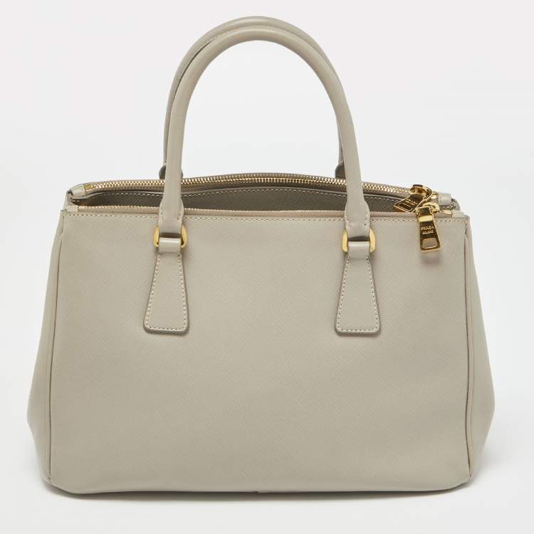 Pre Owned Prada Light Grey Saffiano Lux Leather Small Galleria Double Zip Tote