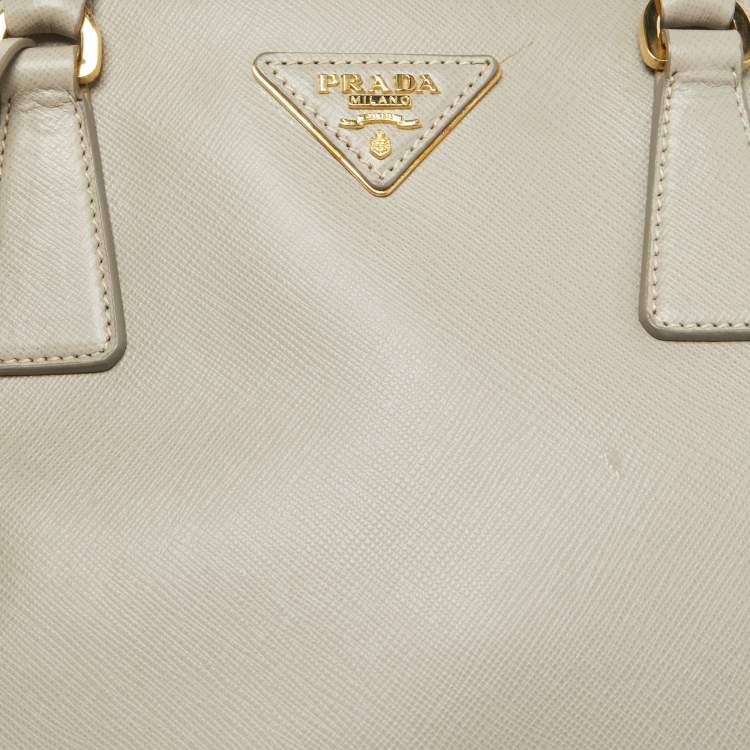 Pre Owned Prada Light Grey Saffiano Lux Leather Small Galleria Double Zip Tote