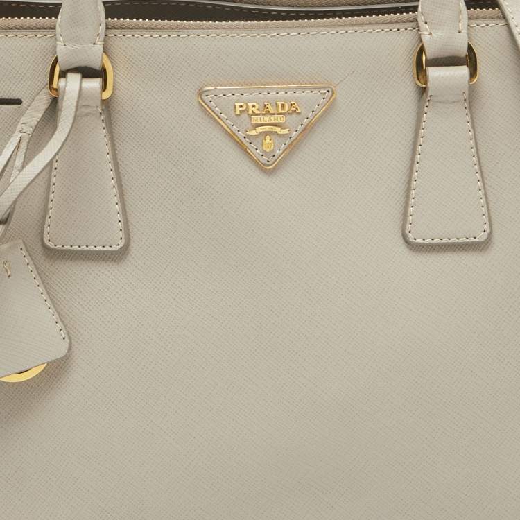 Pre Owned Prada Light Grey Saffiano Lux Leather Small Galleria Double Zip Tote