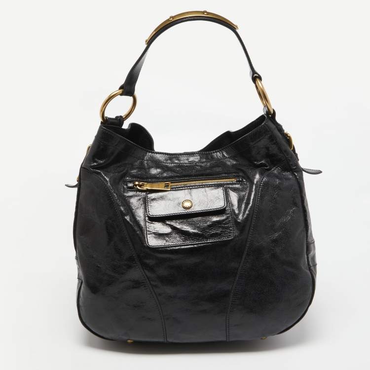 Pre Owned Prada Black Vitello Shine Leather Front Zip Hobo