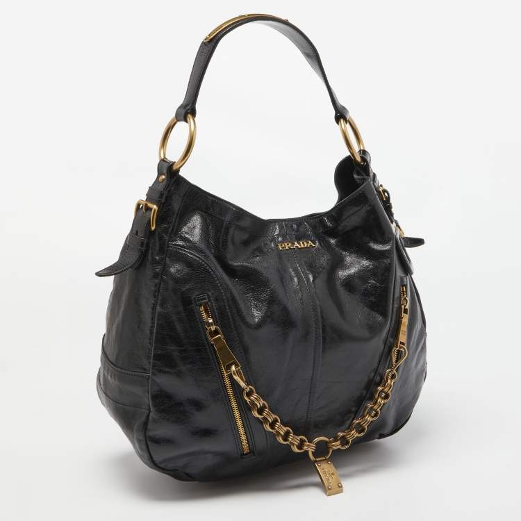 Pre Owned Prada Black Vitello Shine Leather Front Zip Hobo