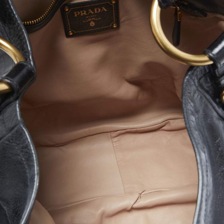 Pre Owned Prada Black Vitello Shine Leather Front Zip Hobo