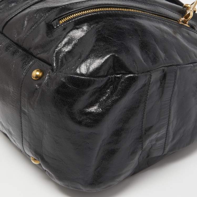 Pre Owned Prada Black Vitello Shine Leather Front Zip Hobo