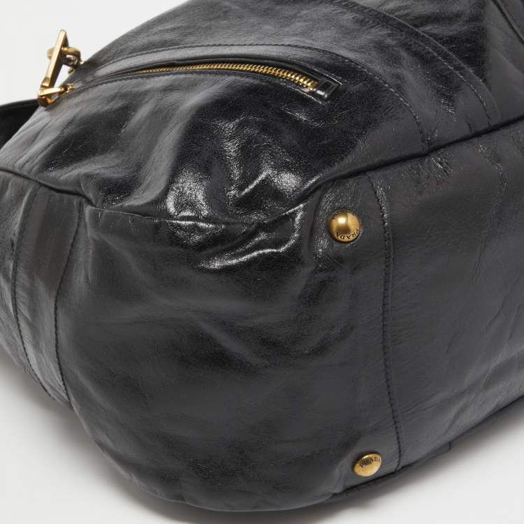 Pre Owned Prada Black Vitello Shine Leather Front Zip Hobo