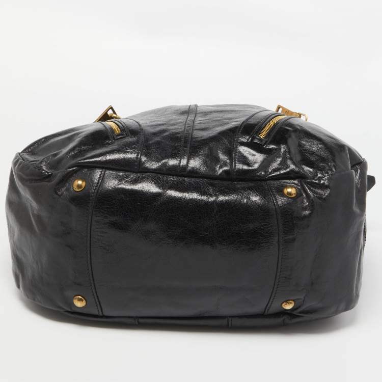 Pre Owned Prada Black Vitello Shine Leather Front Zip Hobo