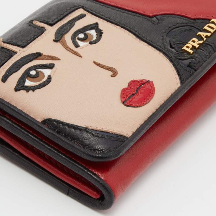 Pre Owned Prada Red/Black Leather Graphic Print Flap Continental Wallet