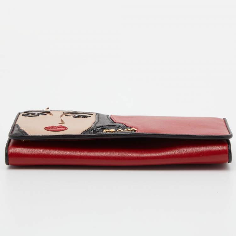 Pre Owned Prada Red/Black Leather Graphic Print Flap Continental Wallet